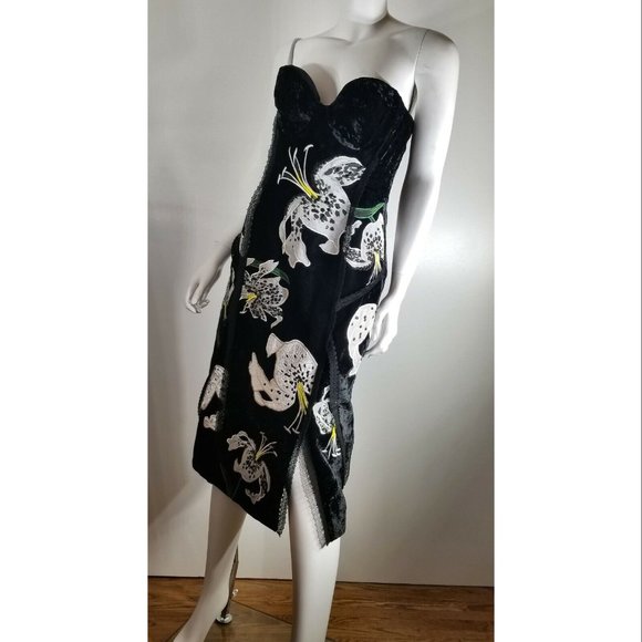 Erdem Rebecca' Women's Black Embroidered Velvet Strapless Dress, US 4, UK 8 - Picture 2 of 8